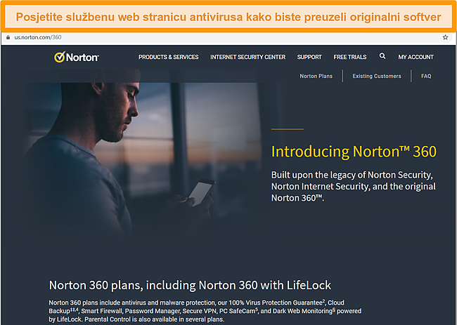 Snimka zaslona početne stranice web mjesta Norton 360