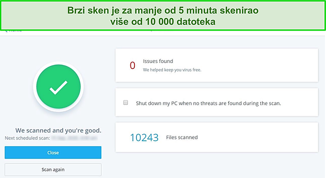 Snimka zaslona stranice rezultata brzog skeniranja tvrtke McAfee