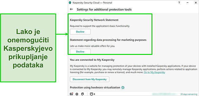Snimka zaslona Kasperskyjevih postavki prikupljanja podataka