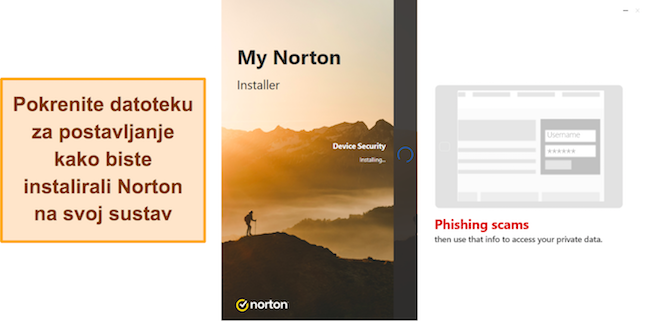 Snimka zaslona koja prikazuje instalaciju Nortona u tijeku u sustavu Windows
