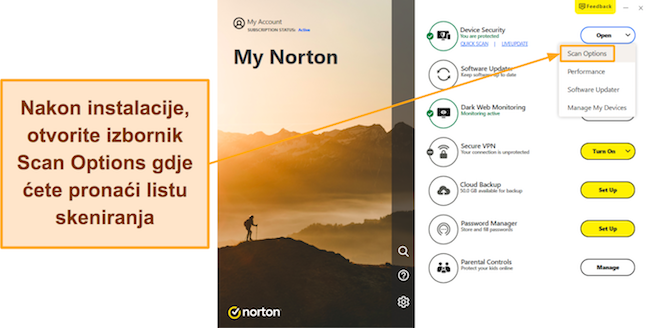 Snimka zaslona koja pokazuje kako pristupiti Nortonovom izborniku opcija skeniranja