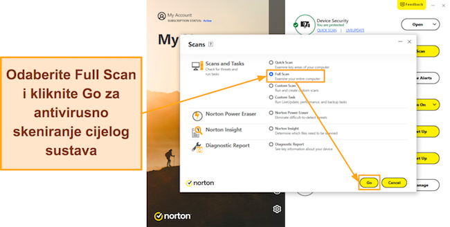 Snimka zaslona koja pokazuje kako pokrenuti Norton's Full Scan