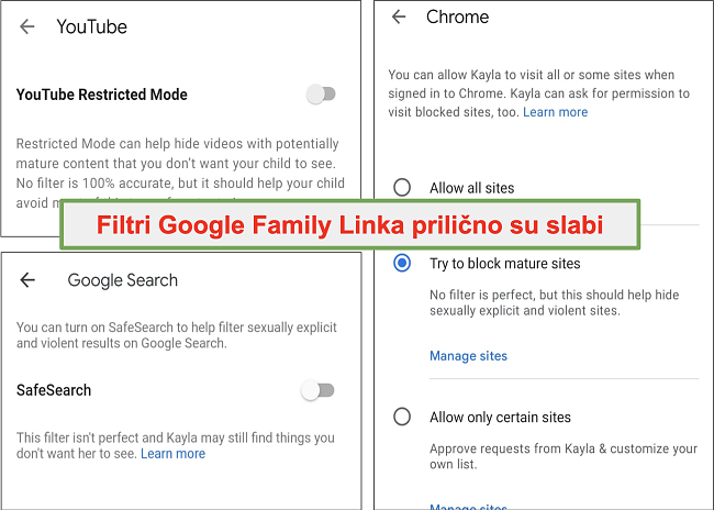 Snimka zaslona prilično slabih filtara Google Family Linka