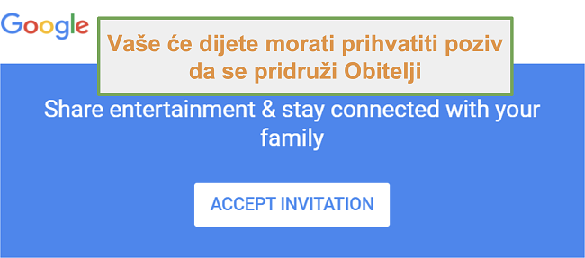 Snimka zaslona poziva Google Family Linka za pridruživanje