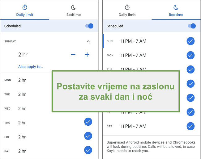 Snimka zaslona postavki vremena upotrebe zaslona Google Family Linka za svaki dan i noć