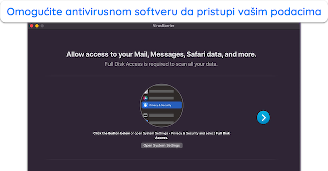 Snimka zaslona Intega koji traži puni pristup disku