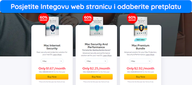 Snimak zaslona koji prikazuje razne cjenovne pakete Intega