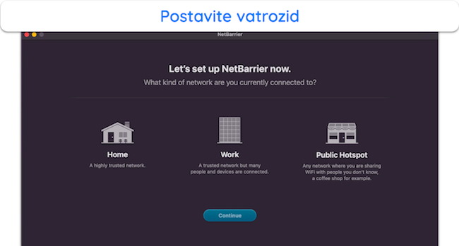 Snimka zaslona Intego izbornika za postavljanje vatrozida