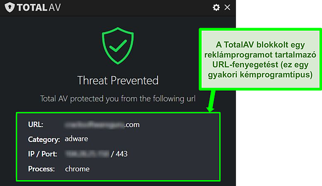 Képernyőkép, amelyen látható, hogy a TotalAV blokkolja egy rosszindulatú URL-t, amely adware-t tárol.