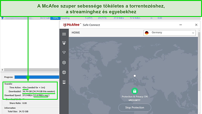 Képernyőkép a McAfee Safe Connect VPN szerverhez csatlakozásáról