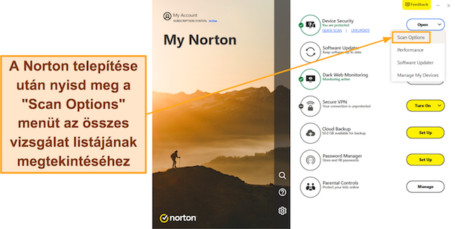 Képernyőkép a Norton Scan Options menüjének eléréséről