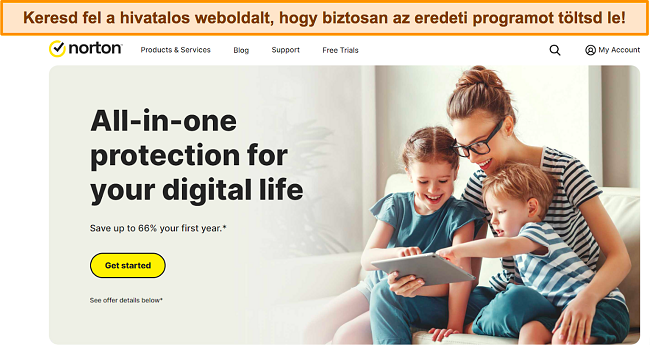 Képernyőkép a Norton hivatalos webhelyének kezdőlapjáról