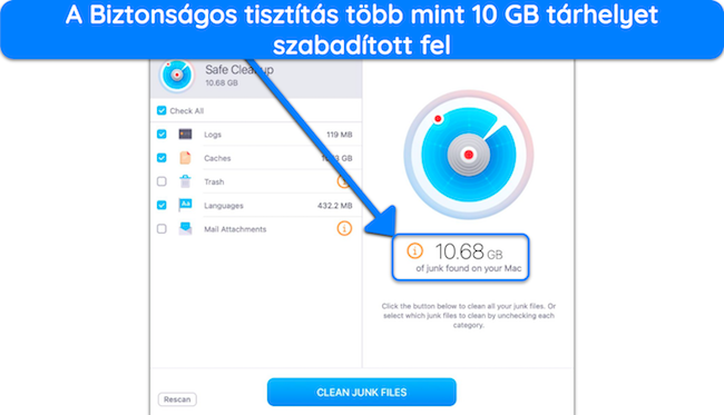 Képernyőkép a MacKeeper Safe Cleanup vizsgálati eredményeiről