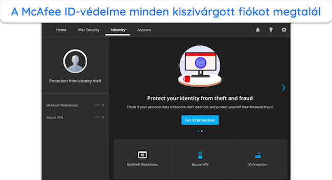 Képernyőkép a McAfee ID-védelmi funkciójáról