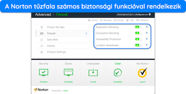 A Norton tűzfalának biztonsági funkcióit bemutató képernyőkép