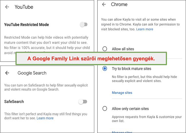 Pillanatkép a Google Family Link elég gyenge szűrőiről