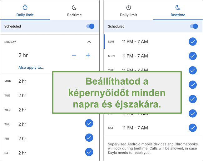 Pillanatkép a Google Family Link képernyőjének időbeállításairól minden nappal és éjjel