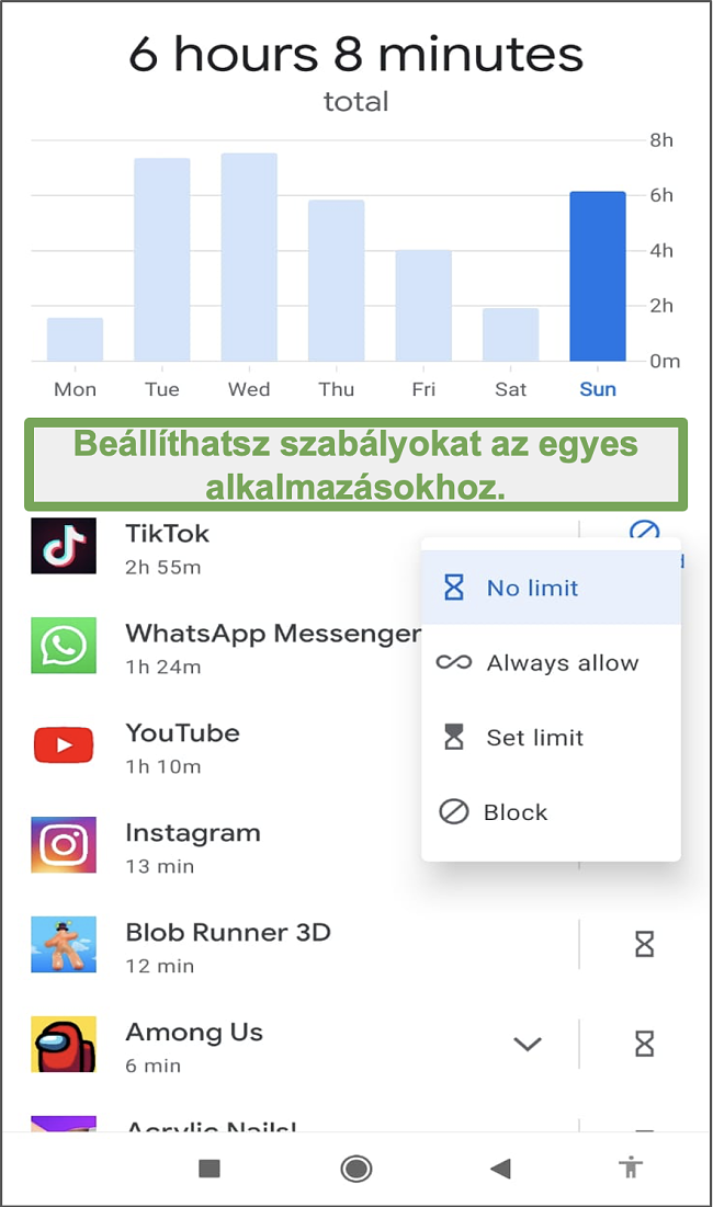 Pillanatkép a Google Family Link egyes alkalmazásbeállítások szabályairól