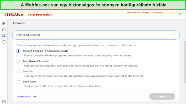 A McAfee víruskereső tűzfal testreszabási képernyőképe