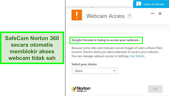 Tangkapan layar dari Norton yang memblokir upaya Google Chrome untuk mengakses webcam.