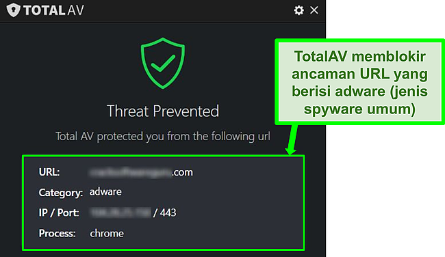 Tangkapan layar menunjukkan TotalAV memblokir adware hosting URL berbahaya.