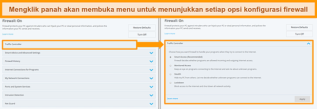 Tangkapan layar opsi firewall McAfee.