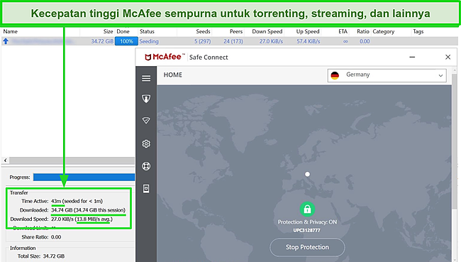 Tangkapan layar dari McAfee Safe Connect VPN yang terhubung ke server