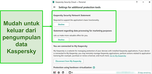 Tangkapan layar dari pengaturan pengumpulan data Kaspersky