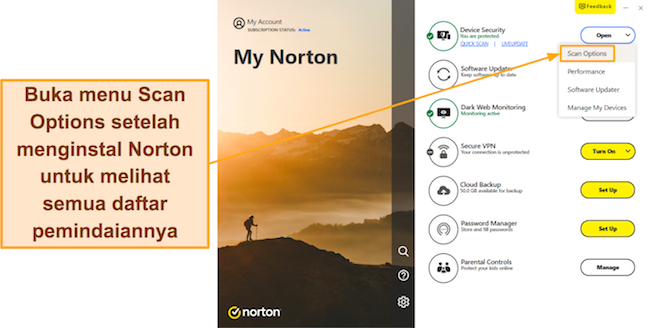 Cuplikan layar menunjukkan cara mengakses Menu Opsi Pindai Norton