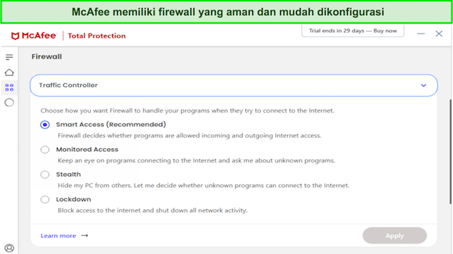 Tangkapan layar kustomisasi firewall antivirus McAfee