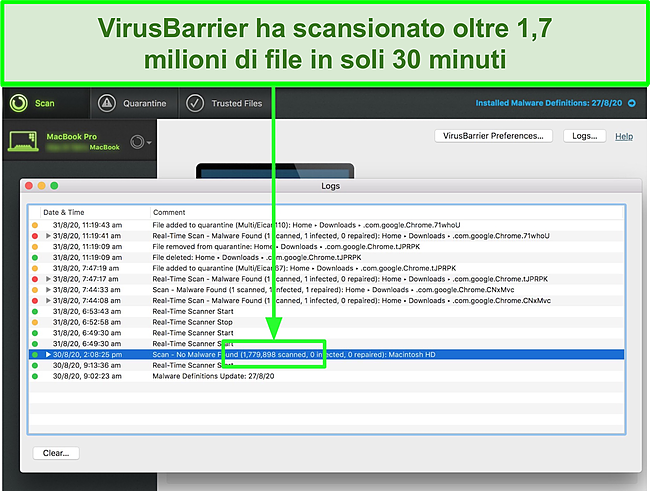 Screenshot di VirusBarrier di Intego che esegue una scansione antivirus su Mac