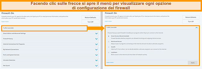 Screenshot delle opzioni del firewall di McAfee.