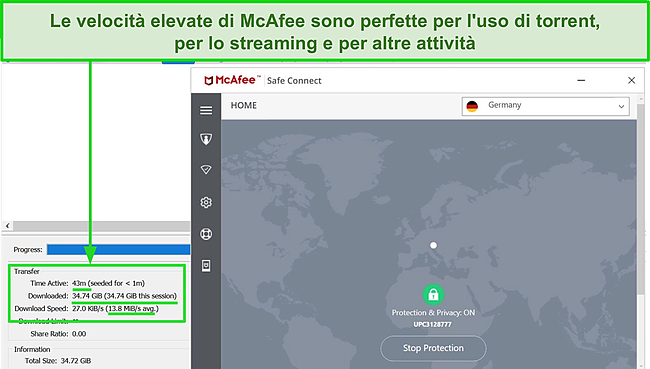 Screenshot di McAfee Safe Connect VPN che si connette a un server