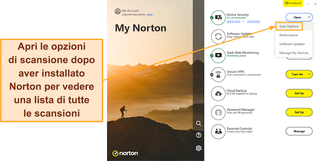 Screenshot che mostra come accedere al menu delle opzioni di scansione di Norton