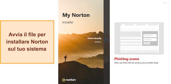 Screenshot che mostra l'installazione di Norton in corso su Windows