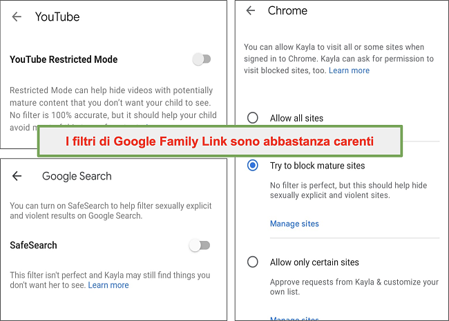 Screenshot dei filtri piuttosto deboli di Google Family Link