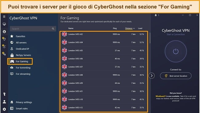 Screenshot dei server di gioco di CyberGhost