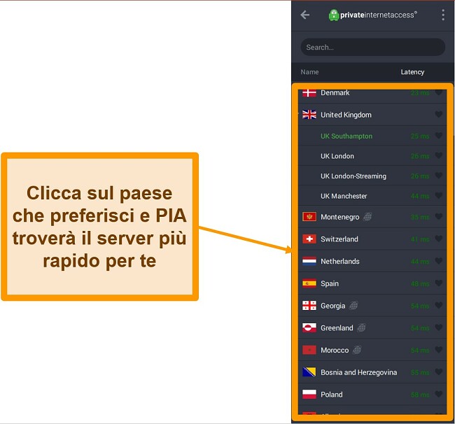 Screenshot dell'elenco dei server di PIA