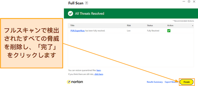 ノートンのフルスキャンを完了する方法を示すスクリーンショット