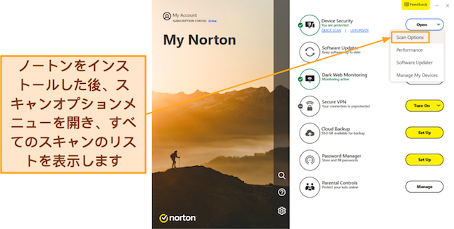 ノートンのスキャン オプション メニューにアクセスする方法を示すスクリーンショット