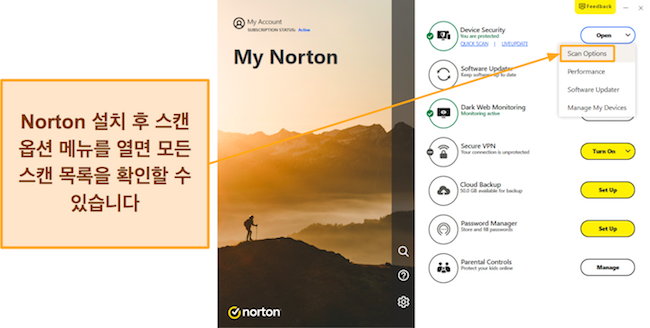 Norton의 검사 옵션 메뉴에 액세스하는 방법을 보여주는 스크린샷
