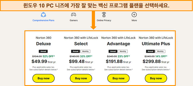 다양한 구독 옵션을 비교하기 위한 Norton 가격 페이지의 스크린샷