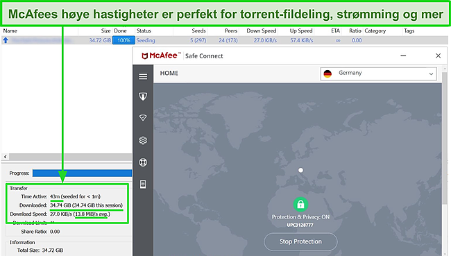 Skjermbilde av McAfee Safe Connect VPN som kobler til en server