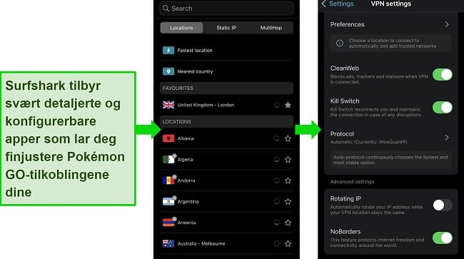 Slik endrer du Pokémon GO-plasseringen: Bruk Surfshark med en detaljert og konfigurerbar app-grensesnitt