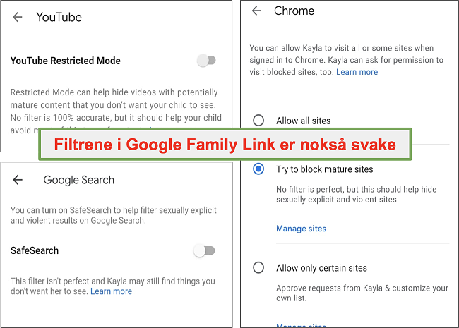 Skjermbilde av Google Family Links ganske svake filtre