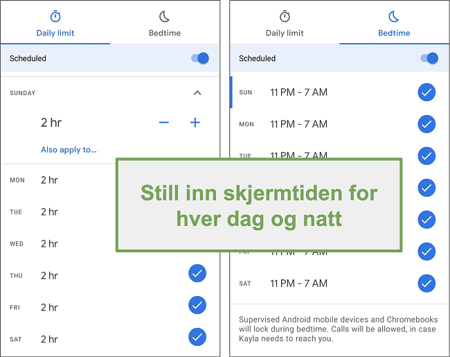 Skjermbilde av innstillinger for skjermtid for Google Family Link for hver dag og natt