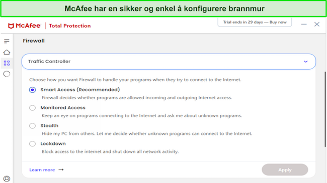 Skjermbilde for tilpasning av McAfee antivirus brannmur