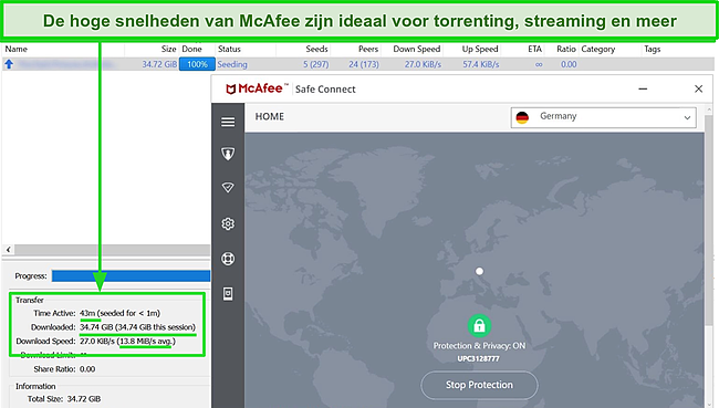 Screenshot van McAfee Safe Connect VPN die verbinding maakt met een server