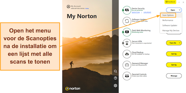 Schermafbeelding die laat zien hoe u toegang krijgt tot het menu Scanopties van Norton