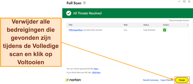 Schermafbeelding die laat zien hoe u de volledige scan van Norton voltooit